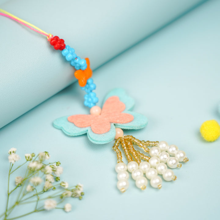 Handmade Buttefly Theme Felt Kids Lumba Rakhi For Girls With Roli Chawal - Close-up of Pendant Detail (4)