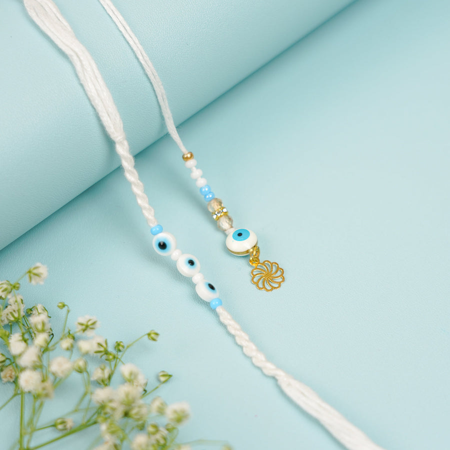 Handmade Evil Eye Bhaiya Bhabhi Rakhi With Roli Chawal Set Of 2 - Full View with Charm and Beads