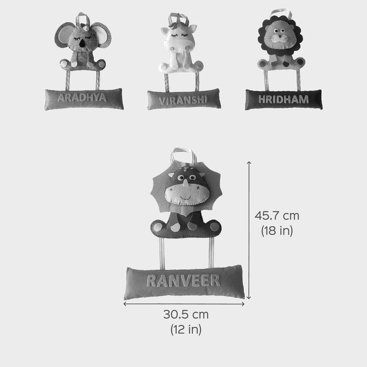 Personalized Handmade Koala Theme Felt Name Plate - Dimension Chart with Multiple Views