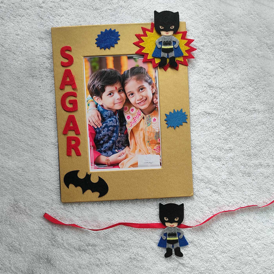 Personalized Handmade Batman Theme Felt Kids Rakhi And Photo Frame Combo For Brother Set Of 2 - Photo Frame and Rakhi Set