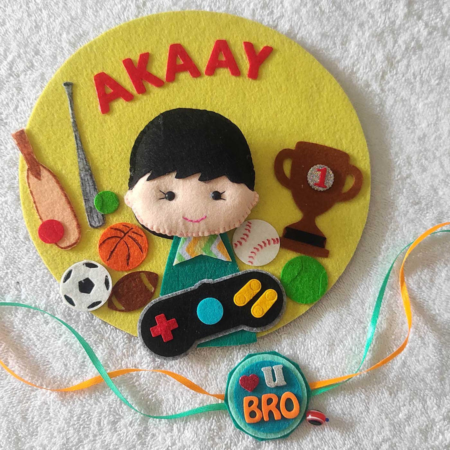 Personalized Handmade Sports Theme Felt Kids Rakhi And Name Plate Combo For Brother Set Of 2 - Front View of Kids' Name Plaque