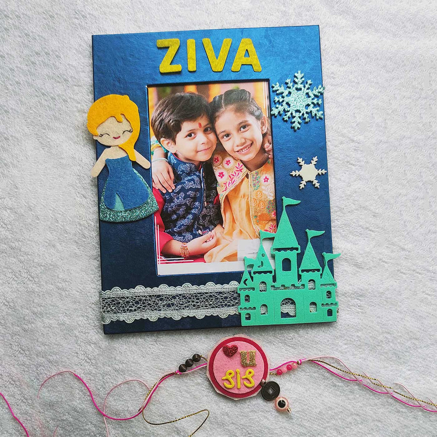 Personalized Handmade Frozen Theme Felt Kids Rakhi And Photo Frame Combo With Roli Chawal For Sisters Set Of 2 - Front View with Photo Frame and Rakhi