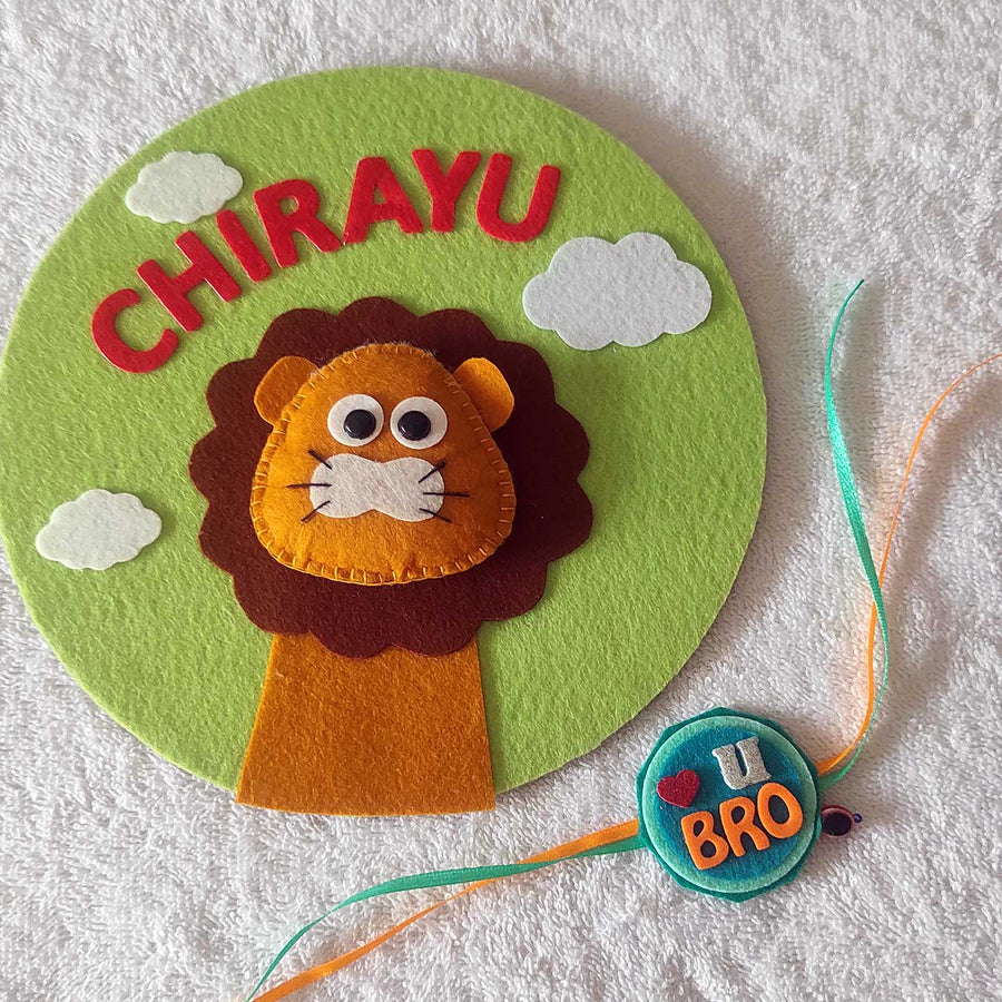 Personalized Handmade Lion Theme Felt Kids Rakhi And Name Plate Combo For Brother Set Of 2 - Name Personalization Example
