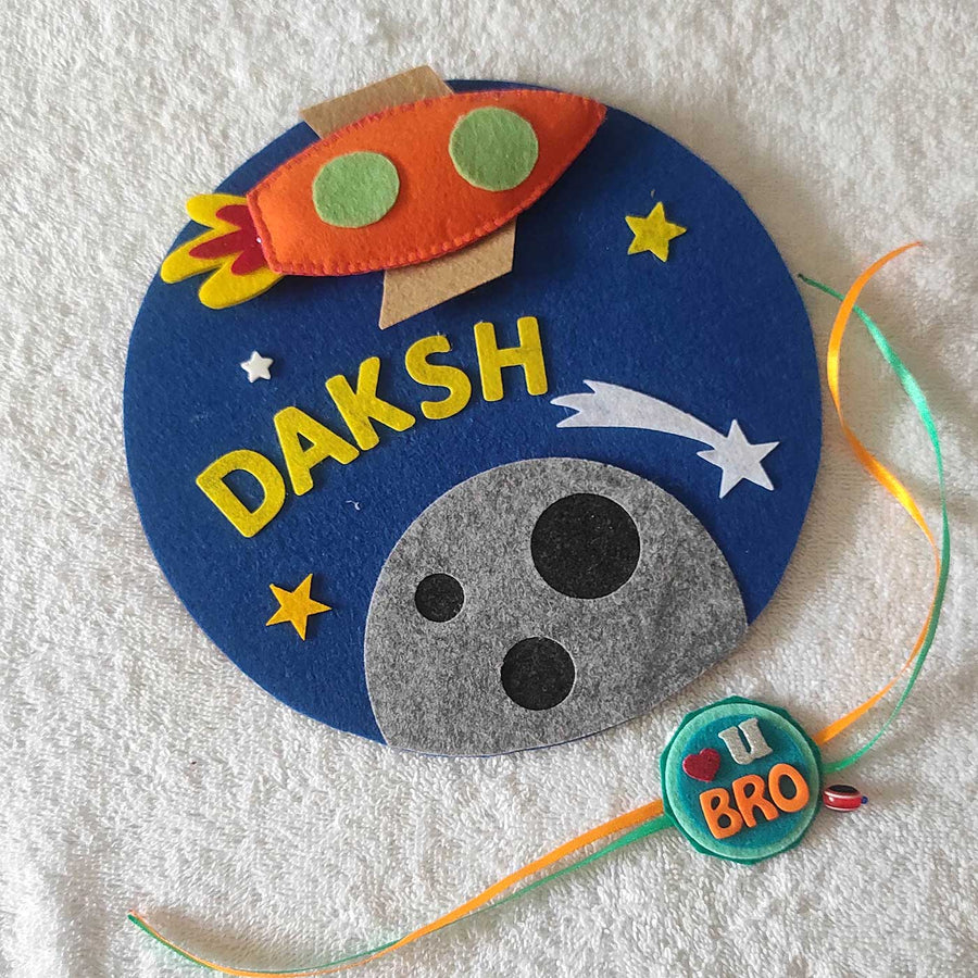 Personalized Handmade Space Theme Felt Kids Rakhi And Name Plate Combo For Brother Set Of 2 - Front View with Name Personalization