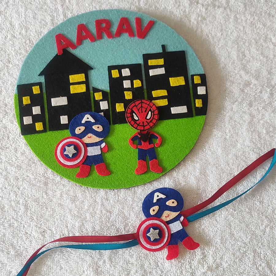 Personalized Handmade Superhero Theme Felt Kids Rakhi And Name Plate Combo For Brother Set Of 2 - Front View with Name Personalization