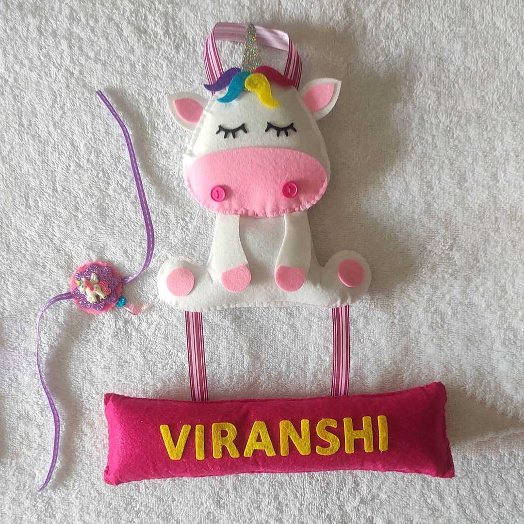 Personalized Handmade Unicorn Theme Felt Kids Rakhi Name Plate Combo For Sisters Set Of 2 - Front View Hanging Name Sign