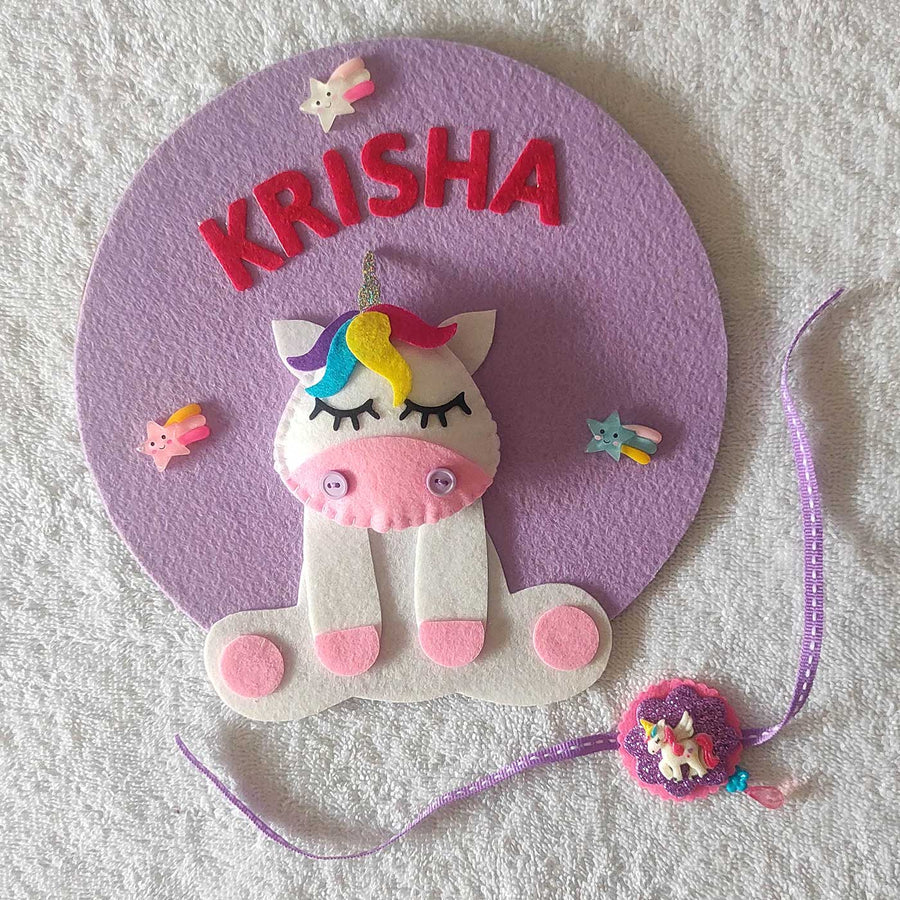Personalized Handmade Unicorn Theme Felt Kids Rakhi And Name Plate Combo For Sisters Set Of 2 - Name Personalization Example