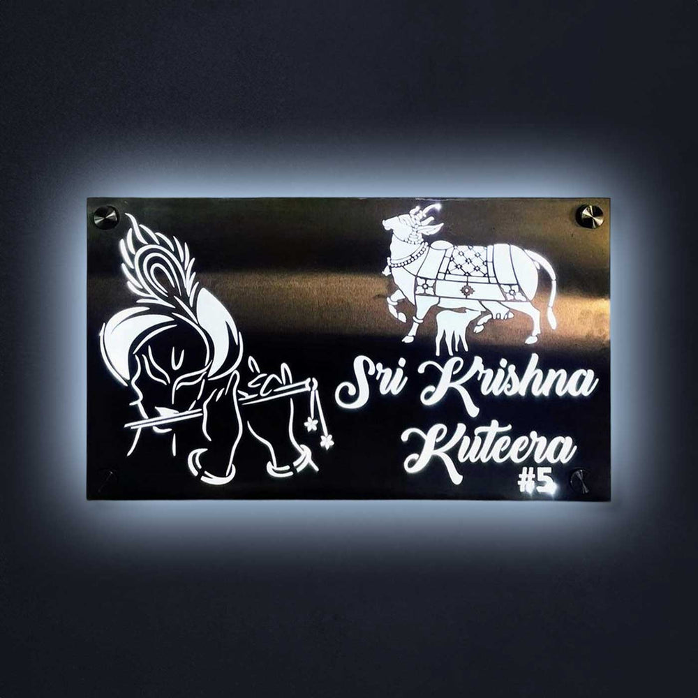 Personalized Waterproof Shree Krisha And Kamadhenu Theme Steel Name Plate - Front View Illuminated on Wall