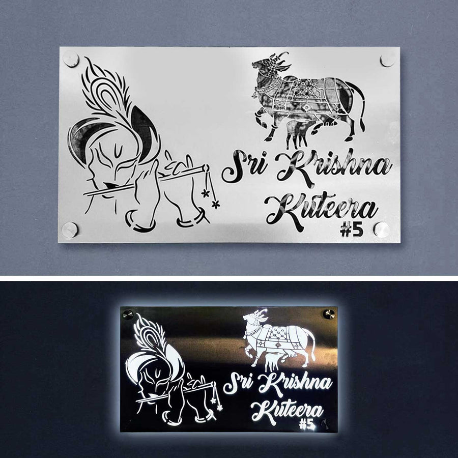 Personalized Waterproof Shree Krisha And Kamadhenu Theme Steel Name Plate - Front View on Wall with Screws