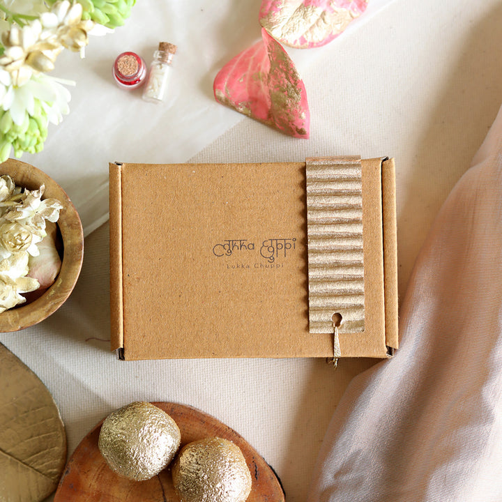 Handmade Reusable Beaded Ruched Upcycled Fabric Rakhi With Roli Chawal For Brother Set Of 3 - Packaging box with tag and decor