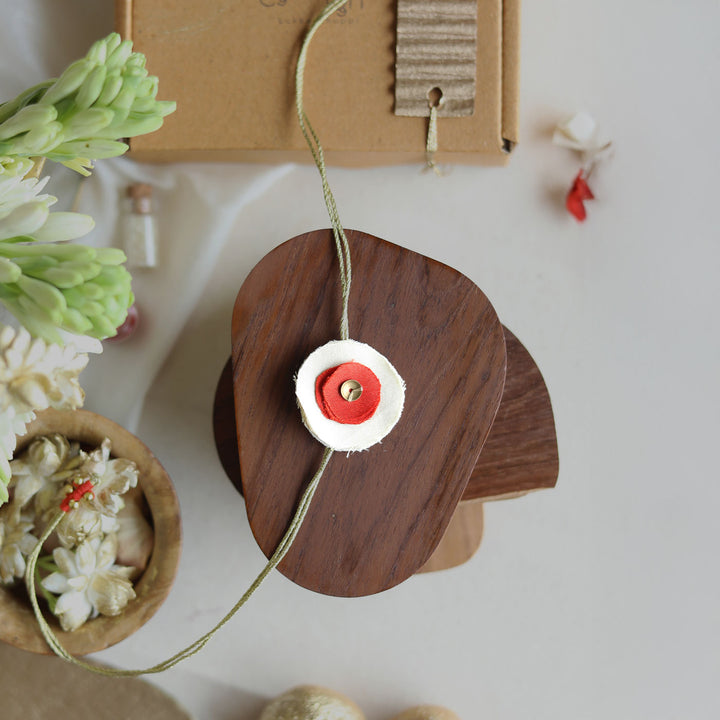 Handmade Reusable Dual Layer Upcycled Fabric Rakhi With Roli Chawal For Brother - Full length red and white rakhi