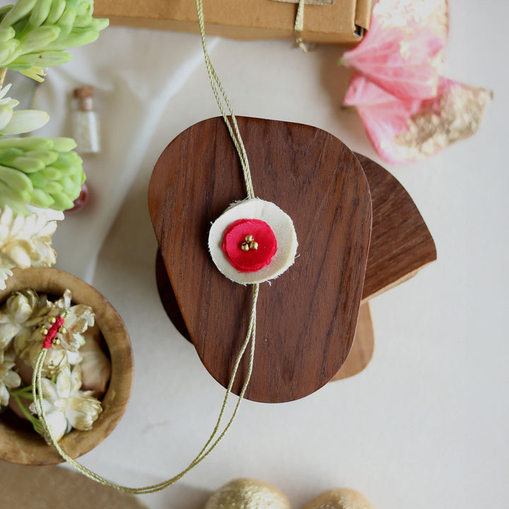 Handmade Reusable Dual Layer Upcycled Fabric Rakhi With Roli Chawal For Brother - Full length pink and white rakhi