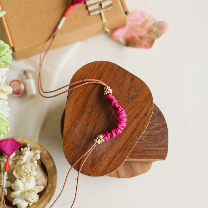 Handmade Reusable Beaded Ruched Upcycled Fabric Rakhi With Roli Chawal For Brother - Front View (6)