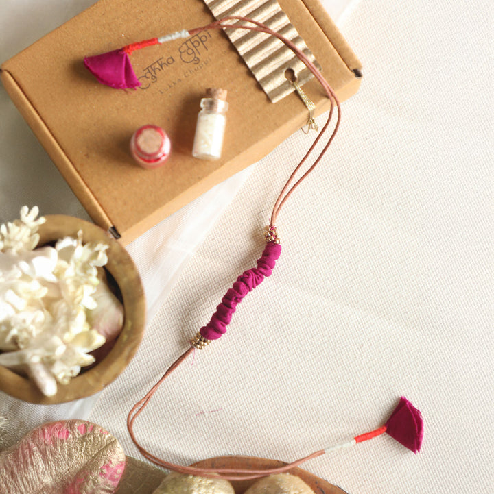 Handmade Reusable Beaded Ruched Upcycled Fabric Rakhi With Roli Chawal For Brother - Flat Lay with Packaging (7)