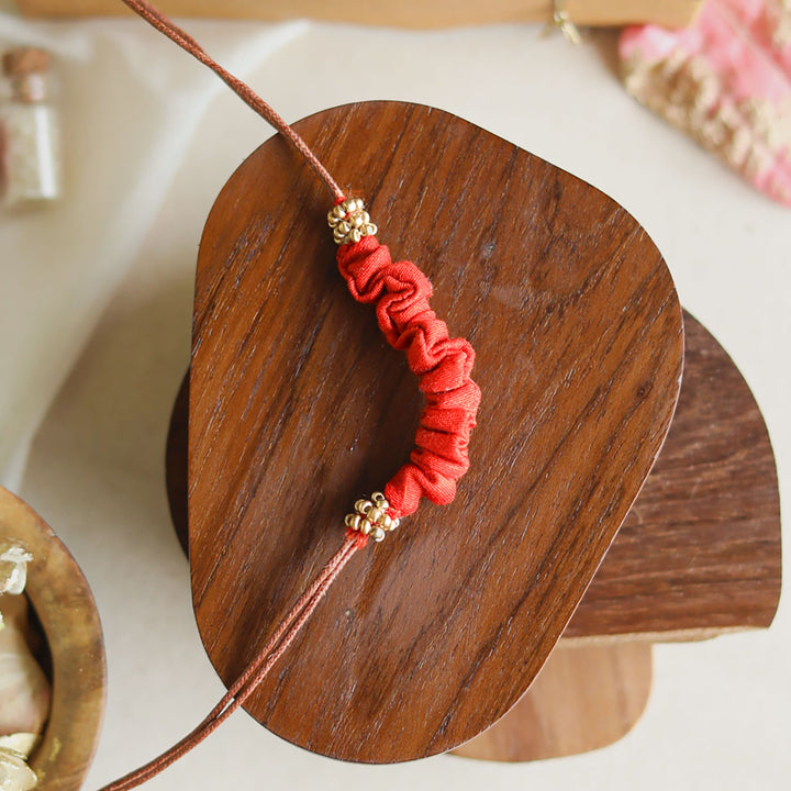 Handmade Reusable Beaded Ruched Upcycled Fabric Rakhi With Roli Chawal For Brother - Front View (3)