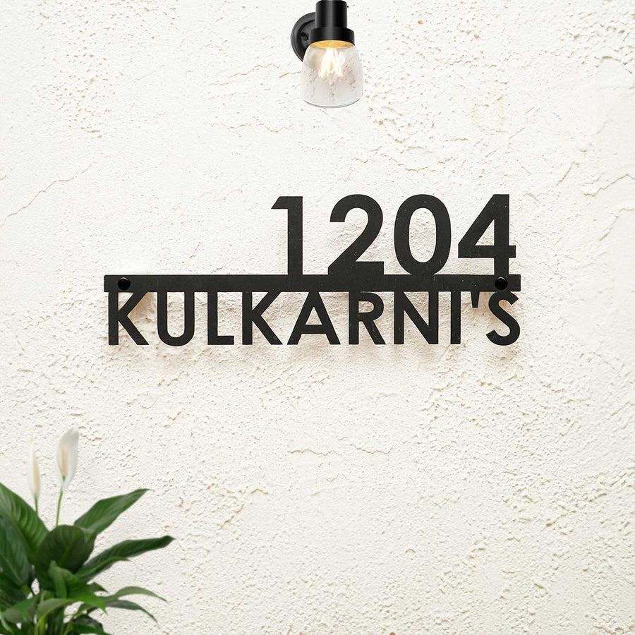 Personalized Modern Weatherproof Name Plate With House Number - Front View Mounted on Wall