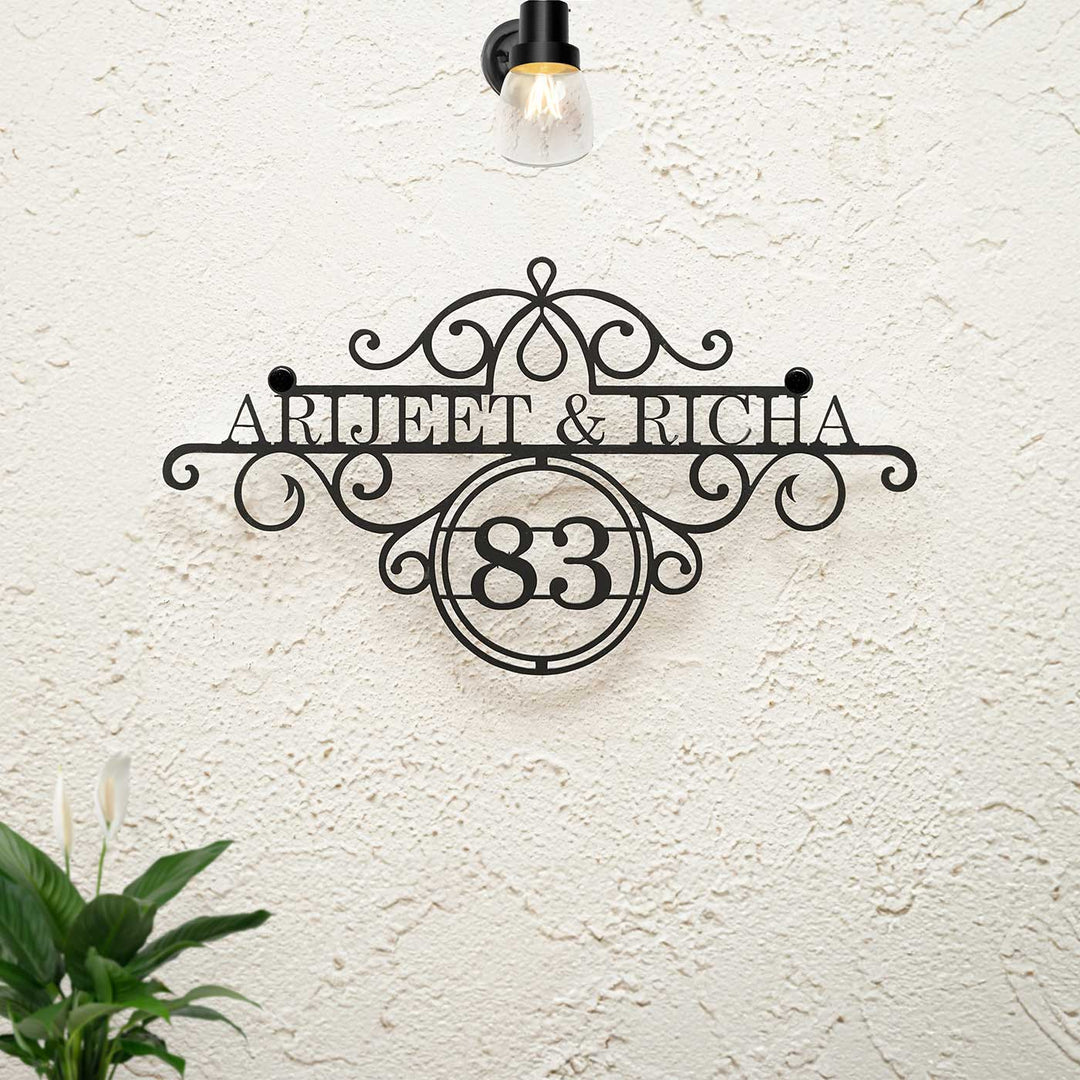 Personalize Ornate Weatherproof Name Plate With House Number - Mounted on Exterior Wall under Light
