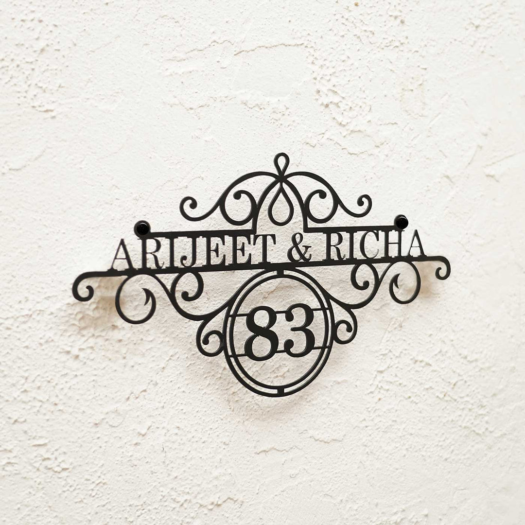 Personalize Ornate Weatherproof Name Plate With House Number - Mounted on Textured Exterior Wall