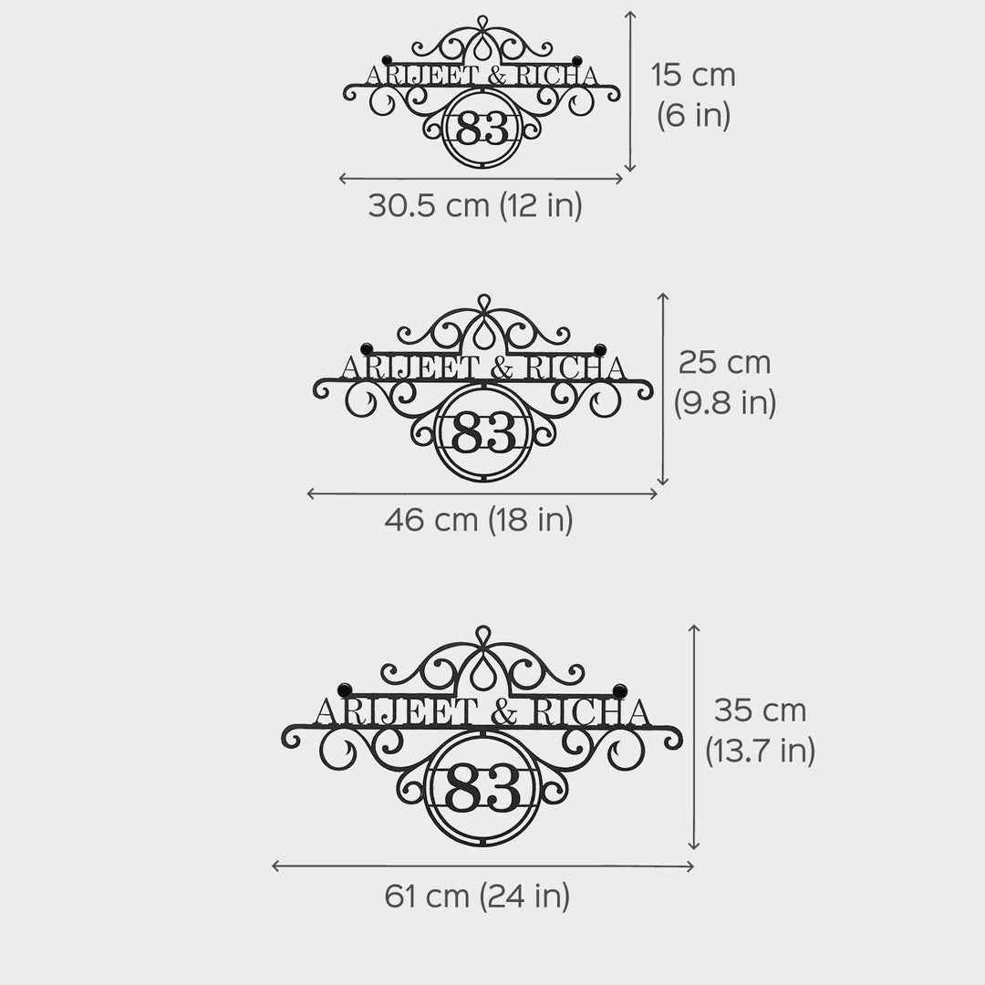Personalize Ornate Weatherproof Name Plate With House Number - Dimension Chart with Multiple Sizes