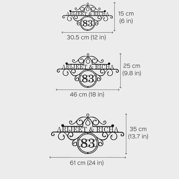 Personalize Ornate Weatherproof Name Plate With House Number - Dimension Chart with Multiple Sizes