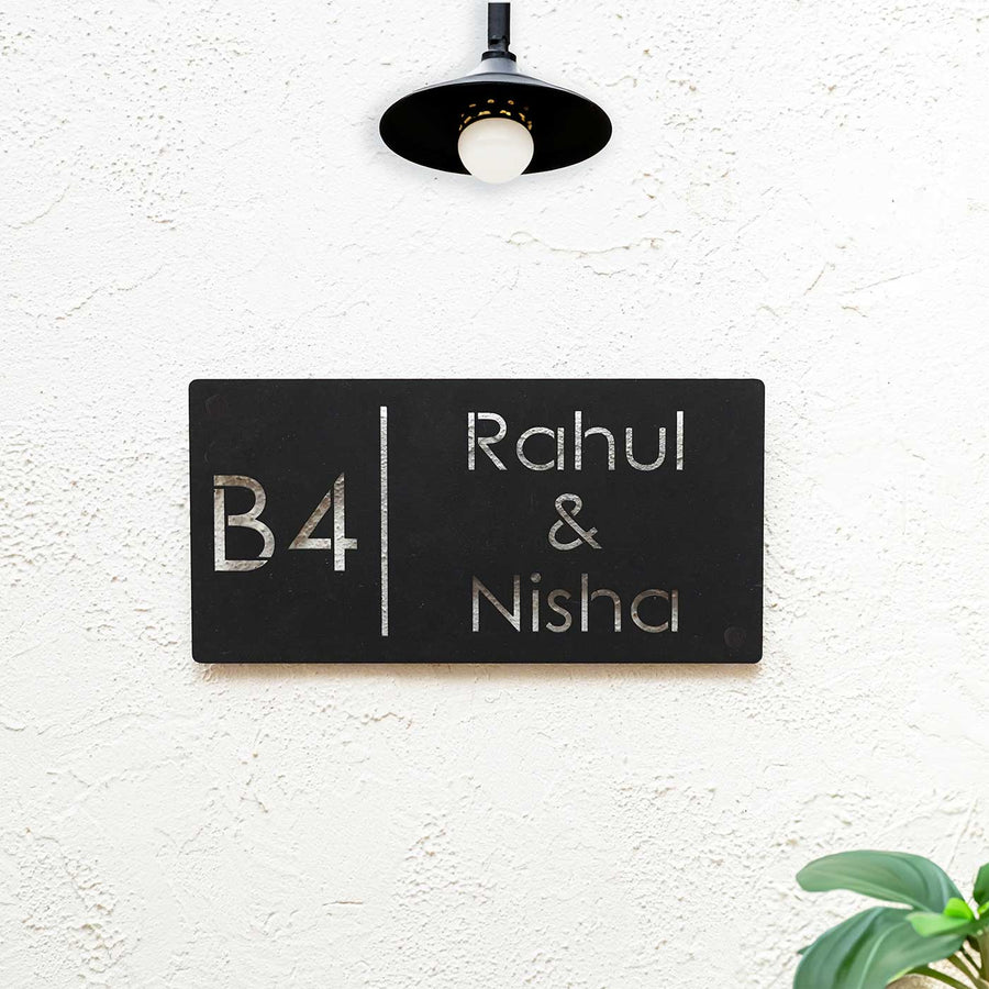 Personalized Minimal Rectangle Weatherproof Name Plate With House Number - Mounted on White Wall Under Light