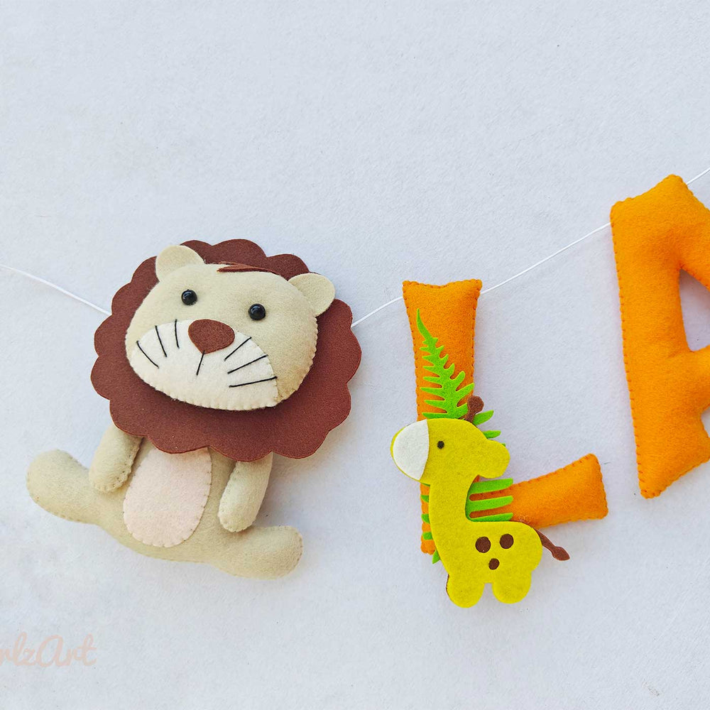 Handcrafted Personalized Lion Theme Felt Bunting - Close-up of Hanging Animal Letters
