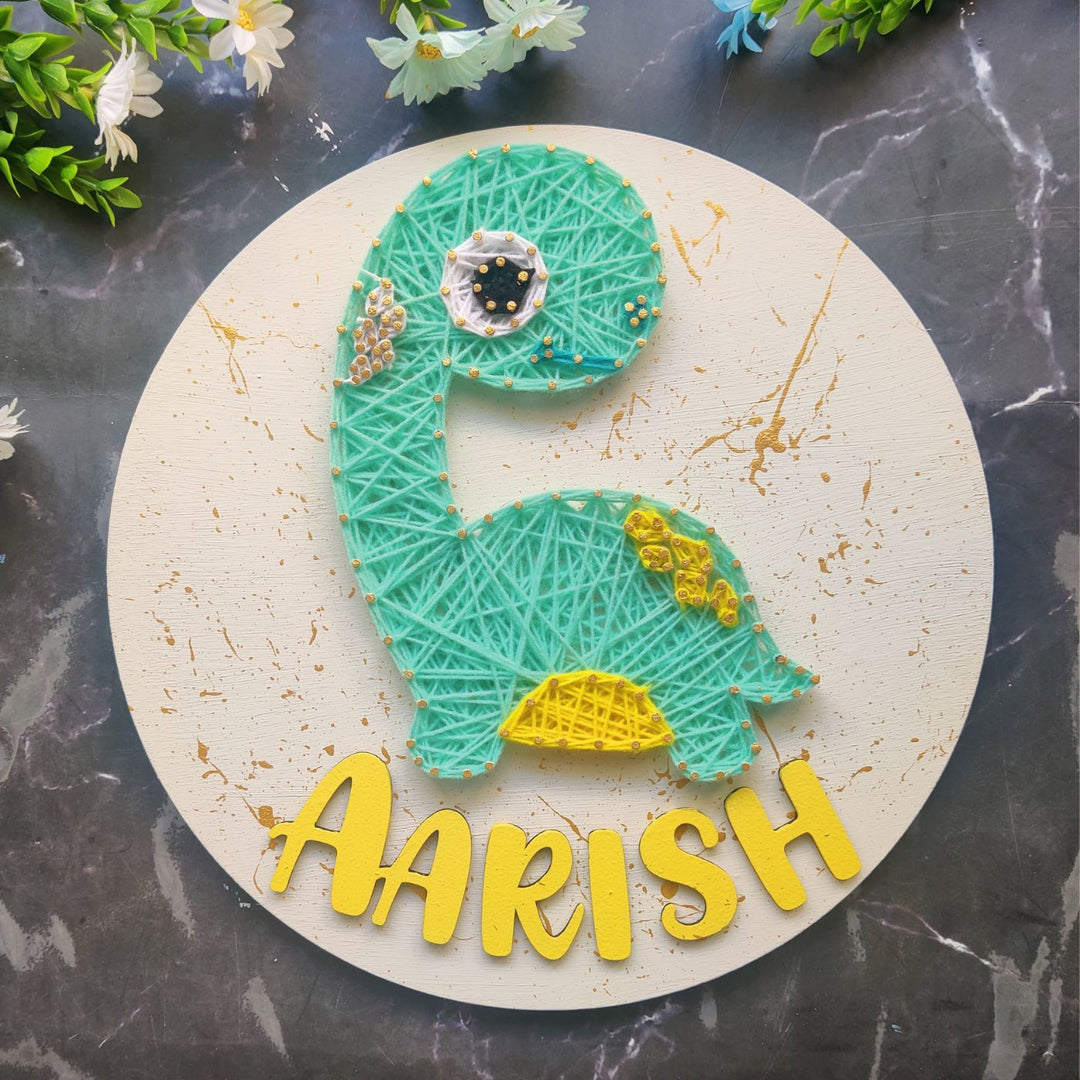 Personalized Animal Theme Kids String Art Name Plate 2 - Front View on Circular Base