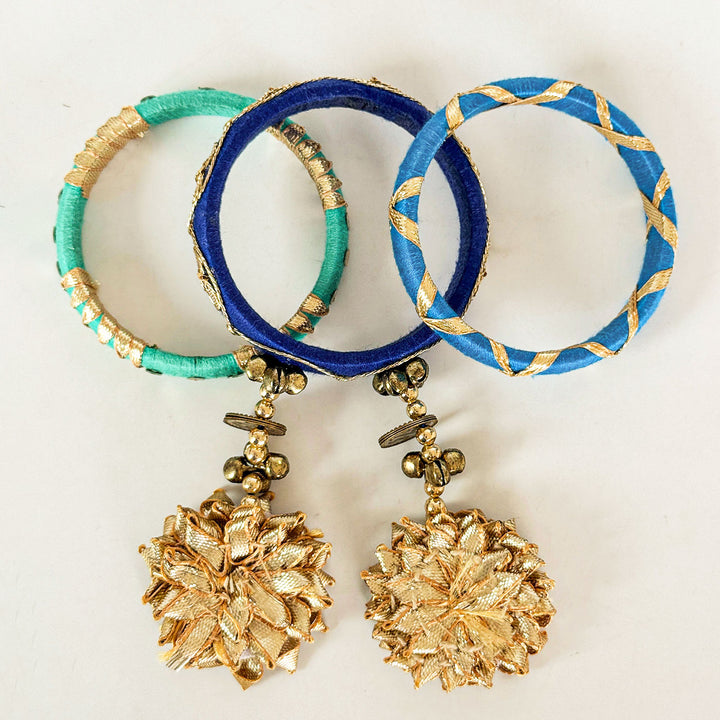 Handmade Beaded Traditional Ghungroo And Flower Cotton Bangle Lumba With Roli Chawal For Bhabhi - Top View Display