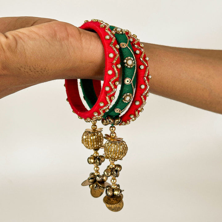 Handmade Beaded Red Green Ghungroo Cotton Bangle Lumba With Roli Chawal For Bhabhi - On Wrist Wearing Example