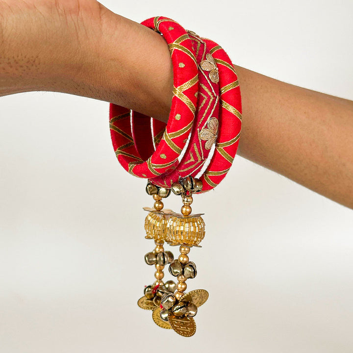 Handmade Beaded Pink Traditional Ghungroo And Zari Cotton Bangle Lumba With Roli Chawal For Bhabhi - Bangles Worn on Wrist Close-up