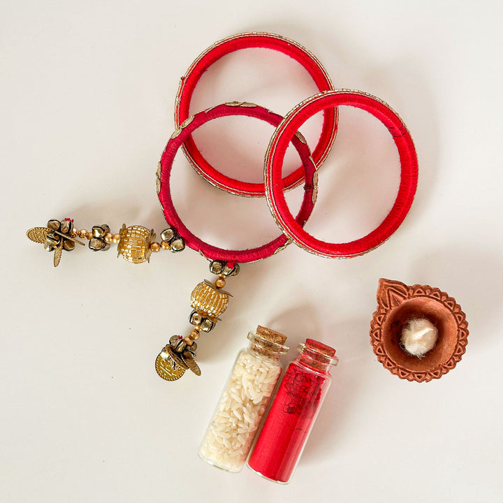 Handmade Beaded Traditional Ghungroo Cotton Bangle Lumba With Roli Chawal For Bhabhi 1 - Top View with Accessories