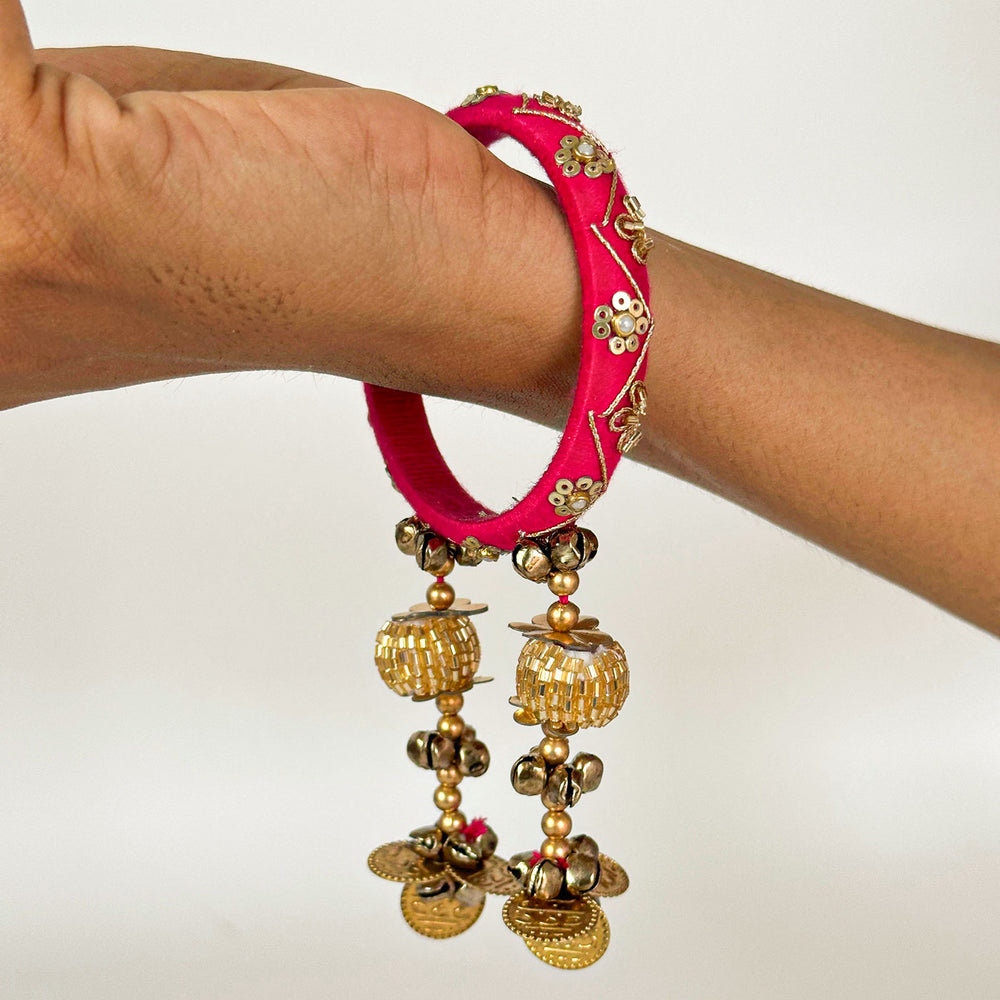 Handmade Beaded Pink Traditional Ghungroo And Sequin Cotton Bangle Lumba With Roli Chawal For Bhabhi - Worn on Wrist Side View