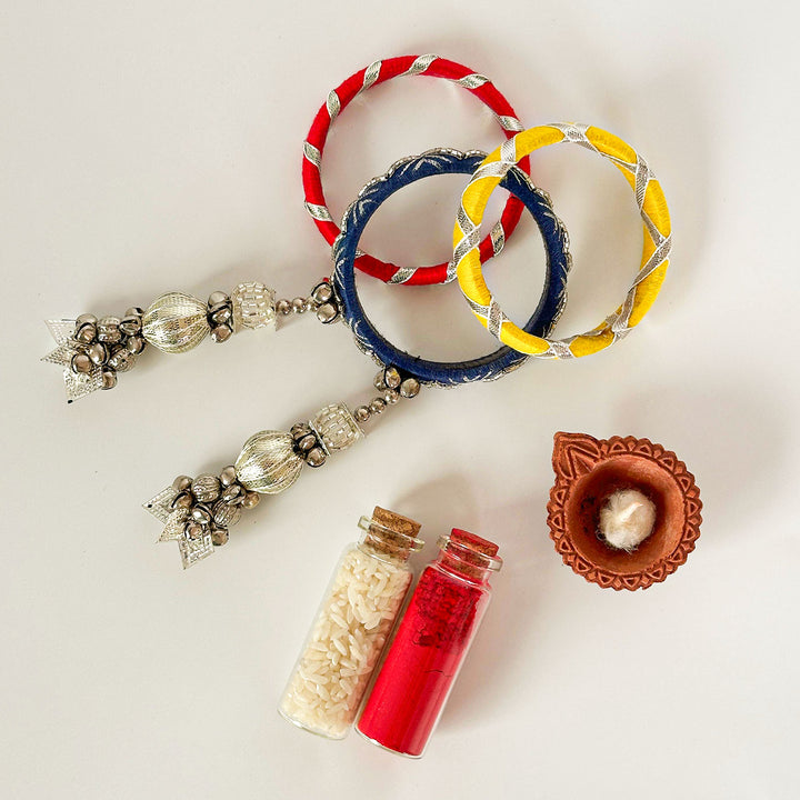 Handmade Beaded Traditional Ghungroo And Zari Cotton Bangle Lumba With Roli Chawal For Bhabhi - Decorative Items with Bangles