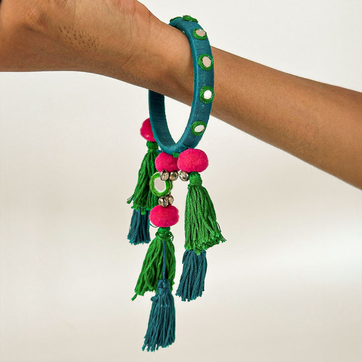Handmade Beaded Blue Ghungroo And Mirror Cotton Bangle Lumba With Roli Chawal For Bhabhi - Worn on Wrist