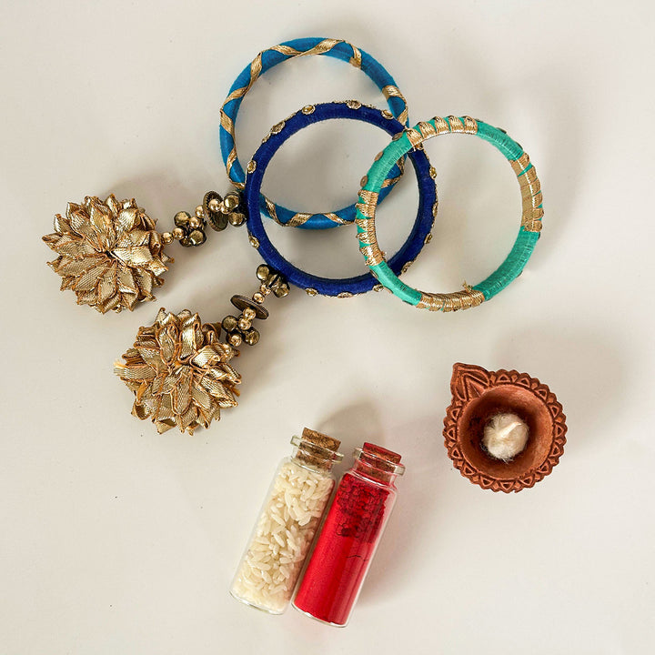 Handmade Beaded Traditional Ghungroo And Flower Cotton Bangle Lumba With Roli Chawal For Bhabhi - Styled with Accessories