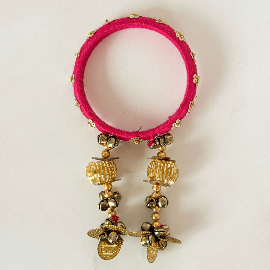 Handmade Beaded Pink Traditional Ghungroo And Sequin Cotton Bangle Lumba With Roli Chawal For Bhabhi - Top View with Decorative Dangles