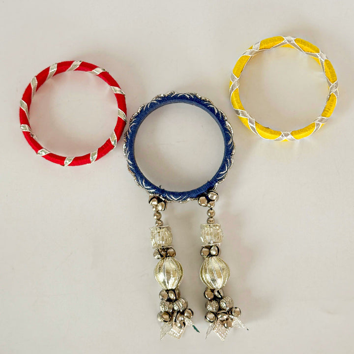 Handmade Beaded Traditional Ghungroo And Zari Cotton Bangle Lumba With Roli Chawal For Bhabhi - Top View of Three Bangles