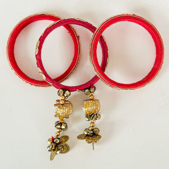 Handmade Beaded Traditional Ghungroo Cotton Bangle Lumba With Roli Chawal For Bhabhi 1 - Top View with Dangling Charms
