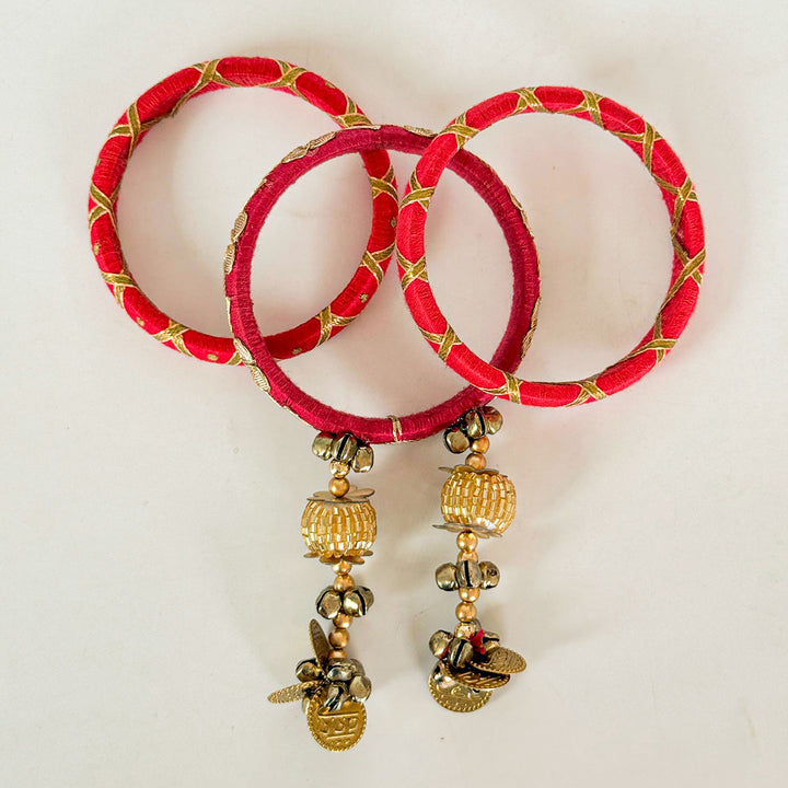 Handmade Beaded Pink Traditional Ghungroo And Zari Cotton Bangle Lumba With Roli Chawal For Bhabhi - Front View of Bangles