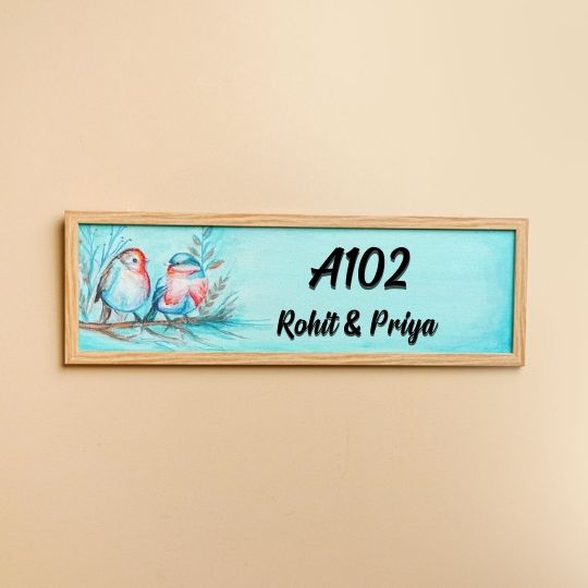 Personalized Birds Theme Mdf Wood Name Plate - Front View Mounted on Wall