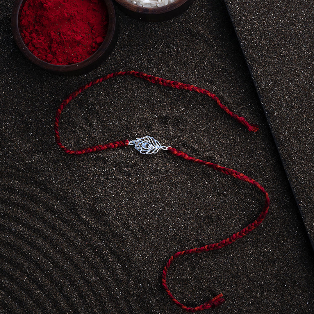 Handmade Mayur 925 Silver Rakhi With Roli Chawal For Brother - Full Product Display on Surface