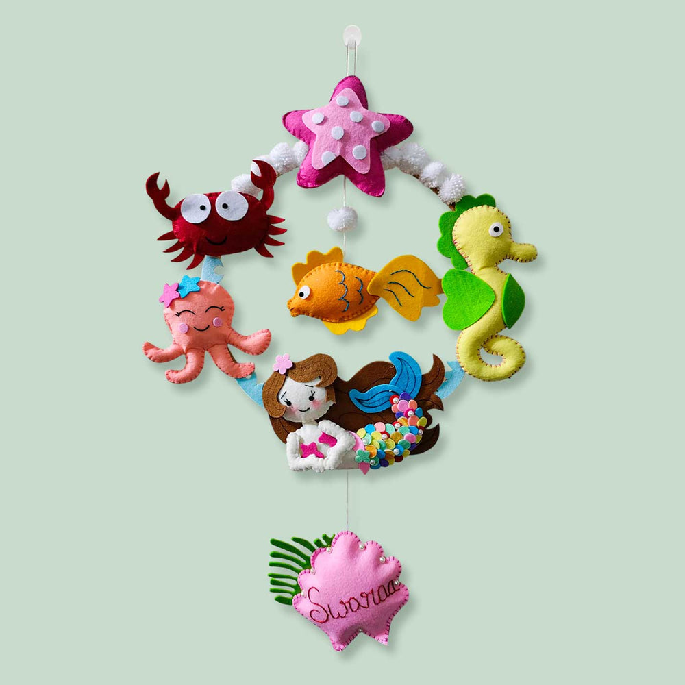 Personalized Mermaid Theme Felt Kids Name Plate - Front View Hanging Mobile Display