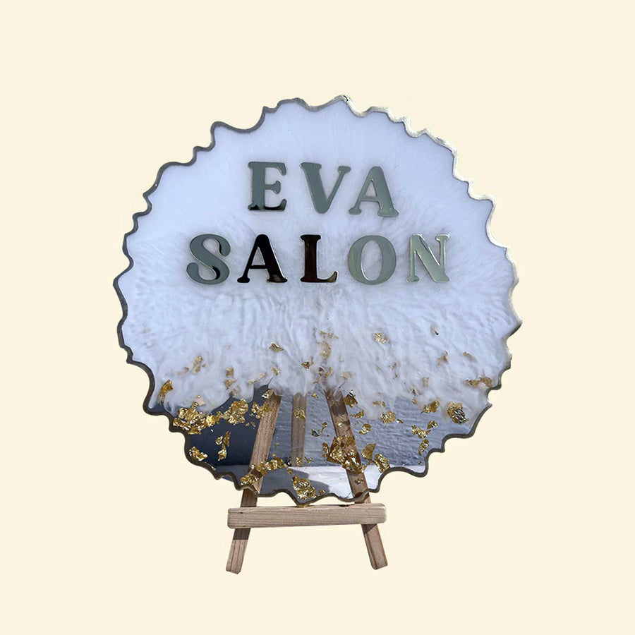 Handcrafted Resin Gold Flakes Corporate Nameplate - Front View on Easel Stand