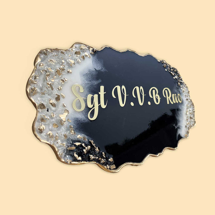 Handcrafted Resin Gold Crystals Nameplate - Angled View Showing Text Personalization