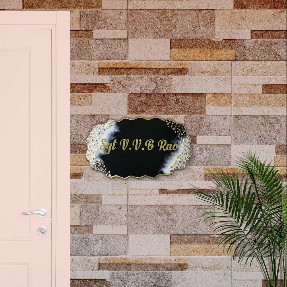 Handcrafted Resin Gold Crystals Nameplate - Mounted on Brick Wall