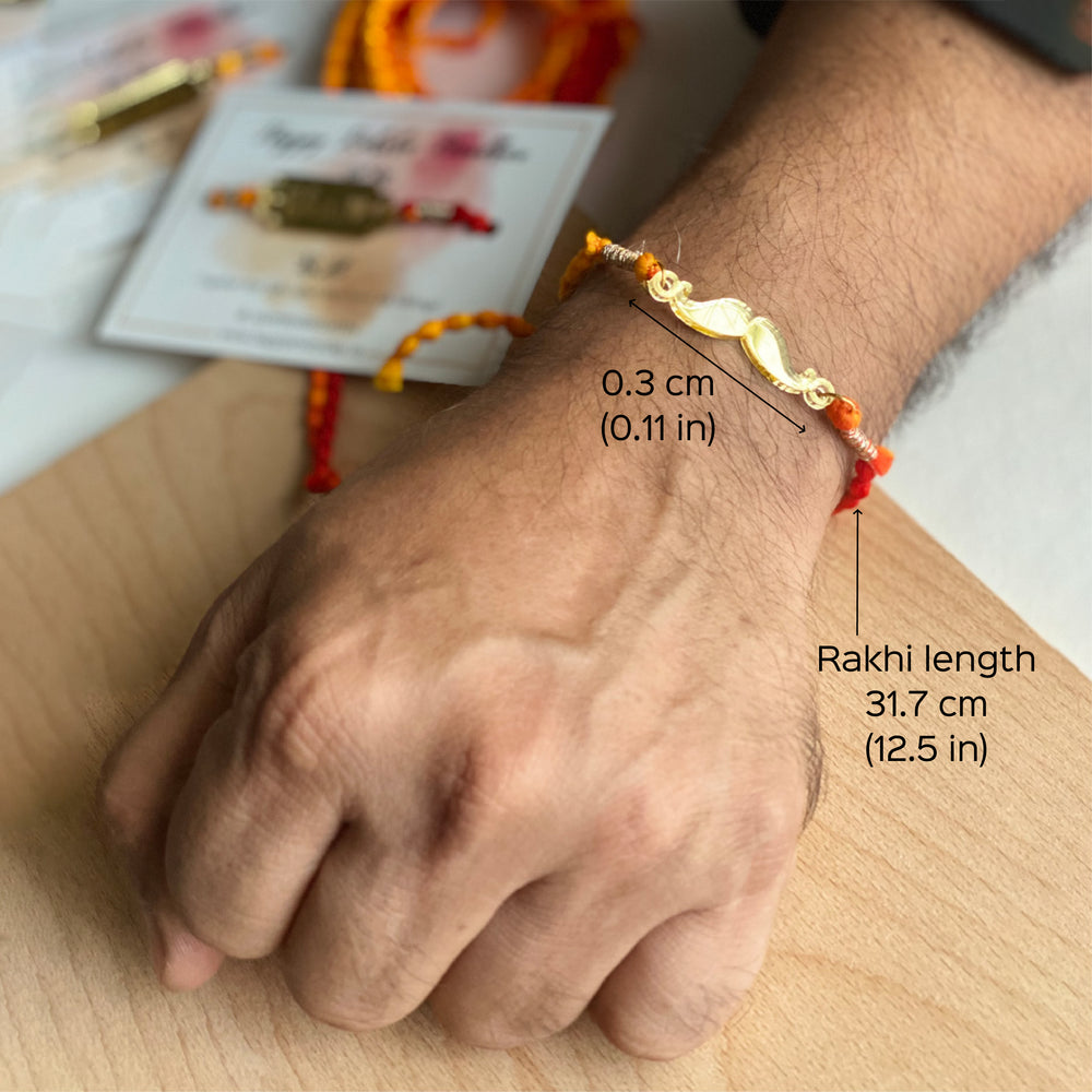 Handcrafted Golden Acrylic Rakhi With Roli Chawal 2 - Bracelet size dimensions shown