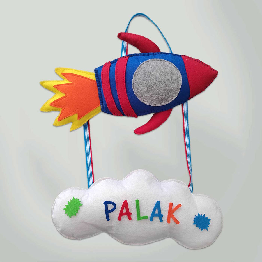 Personalized Handmade Rocket Theme Felt Name Plate - Hanging Name Personalization Example