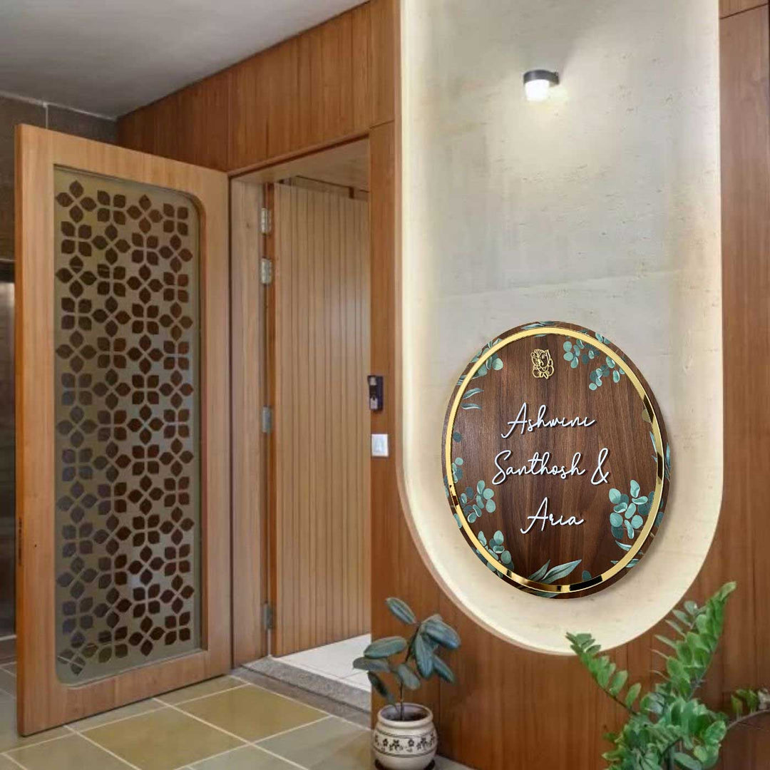 Personalised Wooden Floral Round Nameplate 1 - Mounted on Entryway Wall
