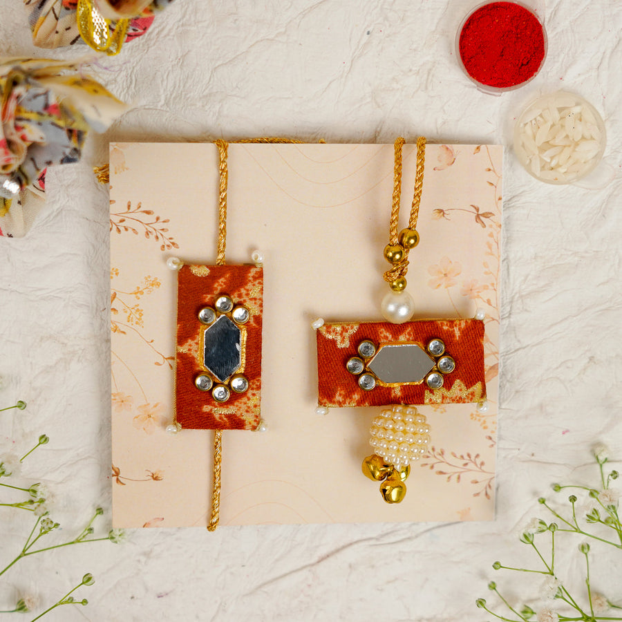 Handmade Sequin Embroidery Rectangle Kundan Bhaiya Bhabhi Rakhi With Roli Chawal Set Of 2 - Set Display Front View