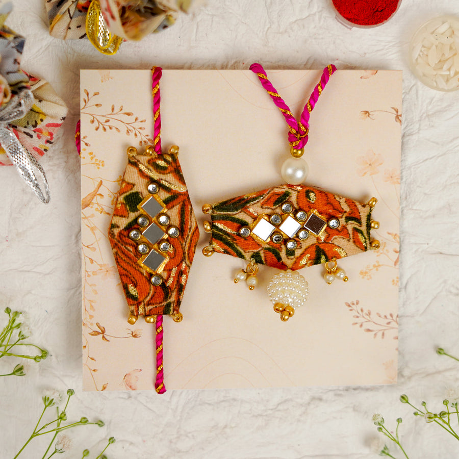 Handmade Sequin Embroidery Hexagon Kundan Bhaiya Bhabhi Rakhi With Roli Chawal Set Of 2 - Pair Front View on Card